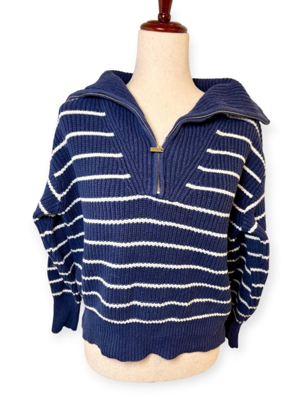 Z Supply Navy Blue White Villa Half Zip Captain Sweater Size Small